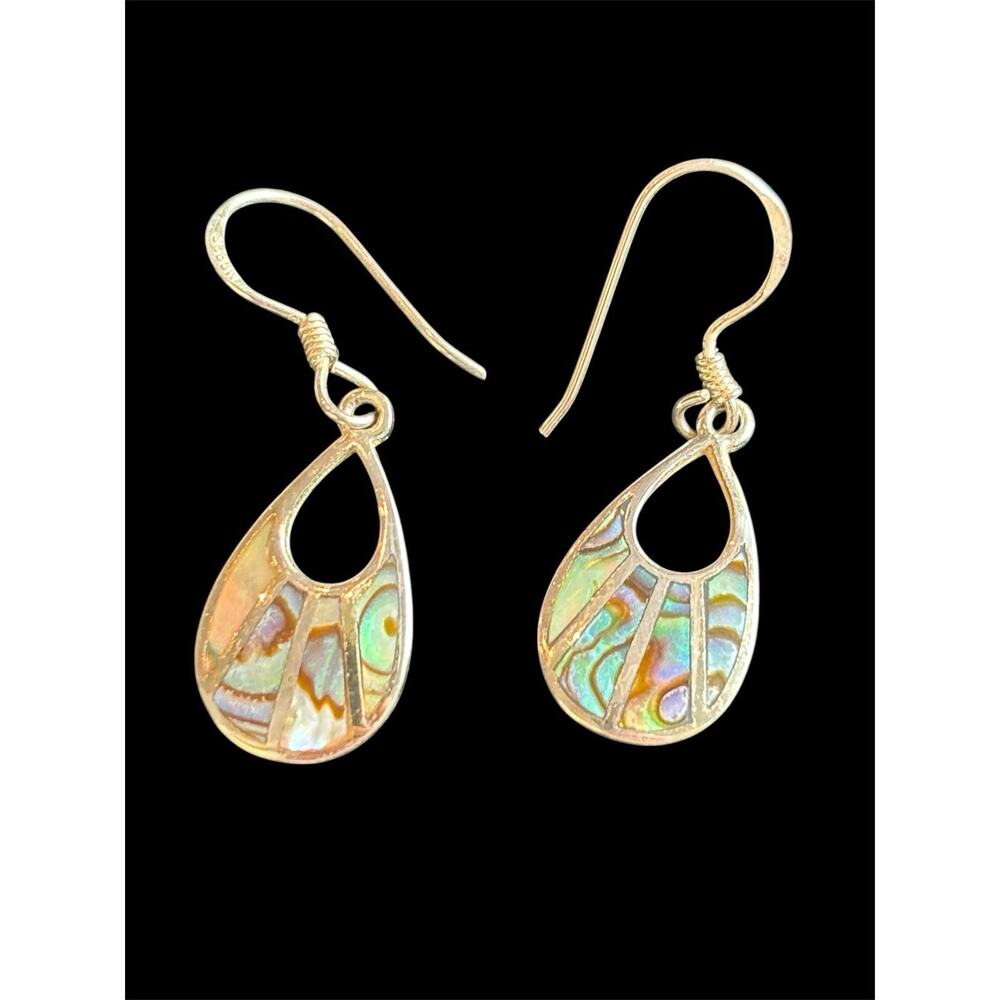 Sterling Silver Iridescent Abalone Shell Inlay Teardrop Earrings 925